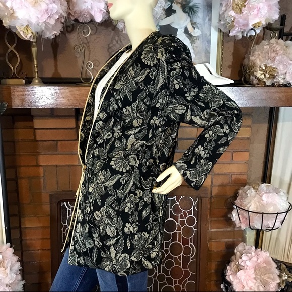 VINTAGE DONNKENNY BLACK & GOLD BROCADE 1980'S CARDIGAN (M) - Picture 4 of 11